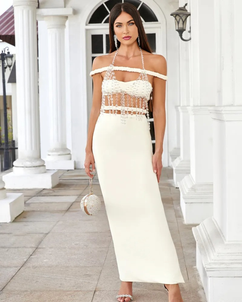 Halter Crystal Braided Bardot Maxi Dress Ivory Luxe Maxi Dresses