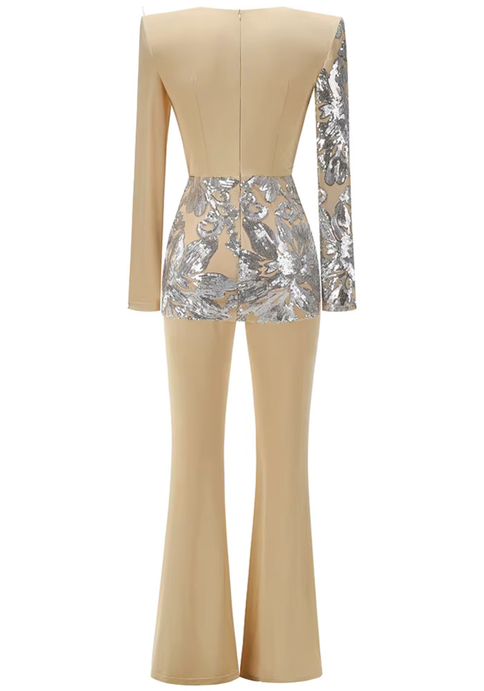 Long Sleeve Sequin Jumpsuit Sand Silver Luxe Jumpsuits and