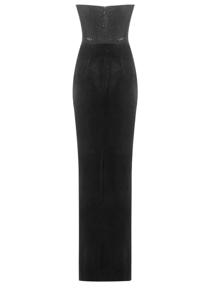 knee length dresses for ladies Strapless Black Velvet Corset Maxi Dress with High Slit and Crystal Ac   RAISA VANESSA INT