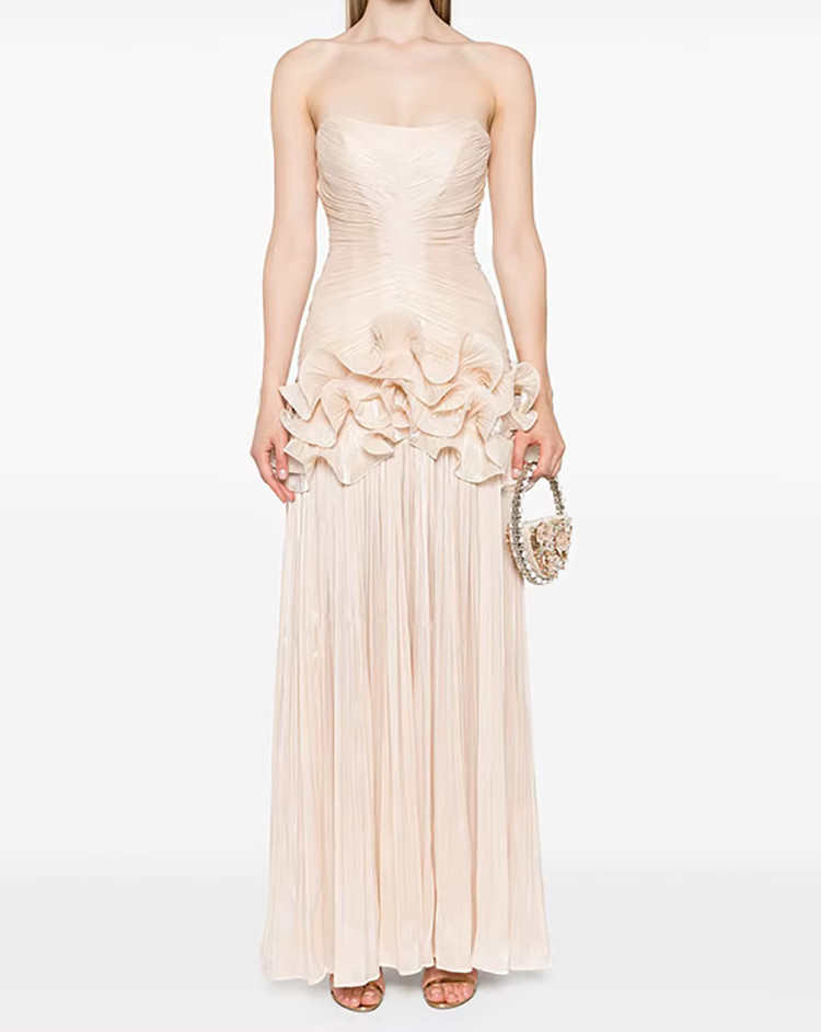 chinese dress ladies Ruched Ruffle-Trim Maxi Dress in Ivory main image 1