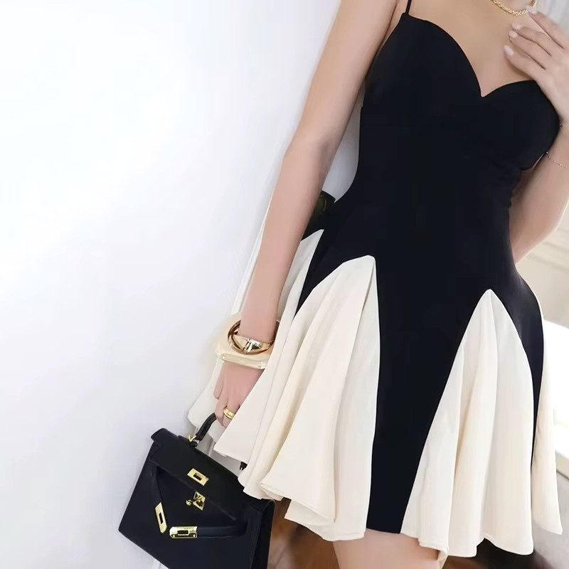 Ruffle Insert A Line Dress Black White