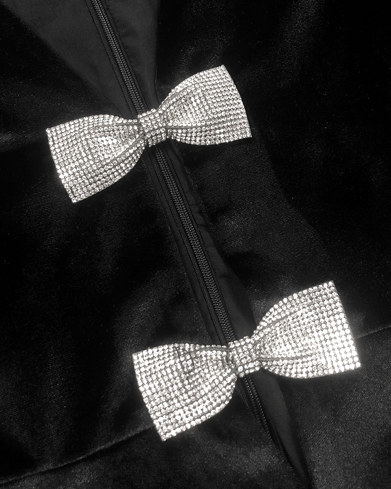 black velvet dress with silver bows Saloni | Camille Velvet Embellished Bows Long Dress In Black main image 1