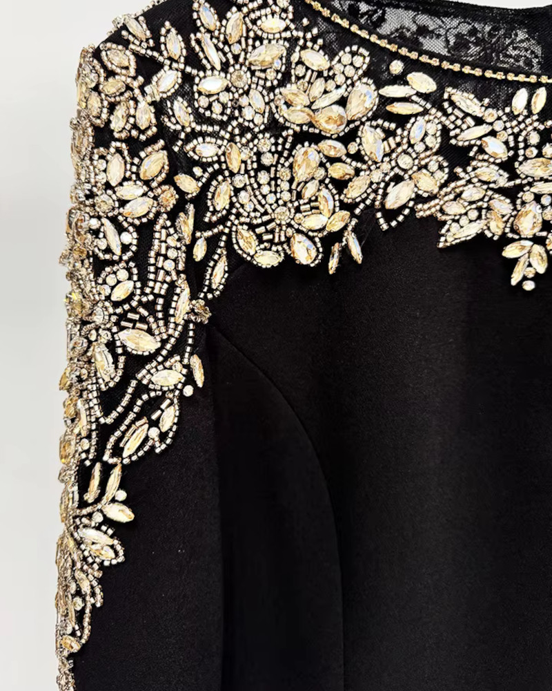 knee length dresses for ladies Lovedrobe Black & Gold Sequin Faux Wrap Maxi Sleeve Midi Dress