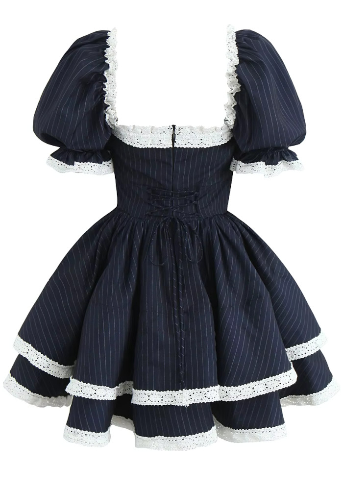 Short Sleeve Crochet Corset A Line Dress Navy Blue - Luxe Skater Dresses and Luxe Party Dresses Short Sleeve Crochet Corset A Line Dress Navy Blue - Luxe Skater Dresses and Luxe Party Dresses