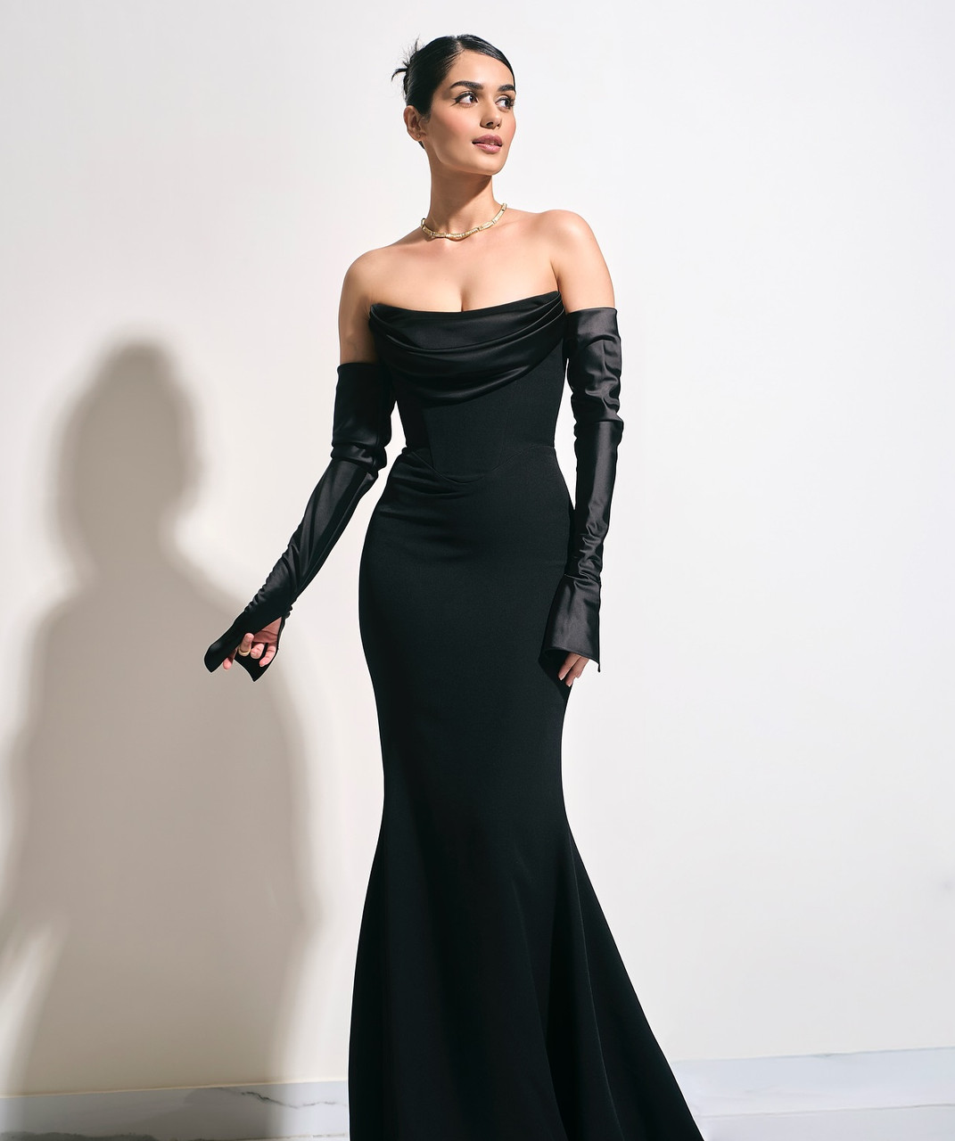 Long Sleeve Strapless Draped Maxi Dress Black
