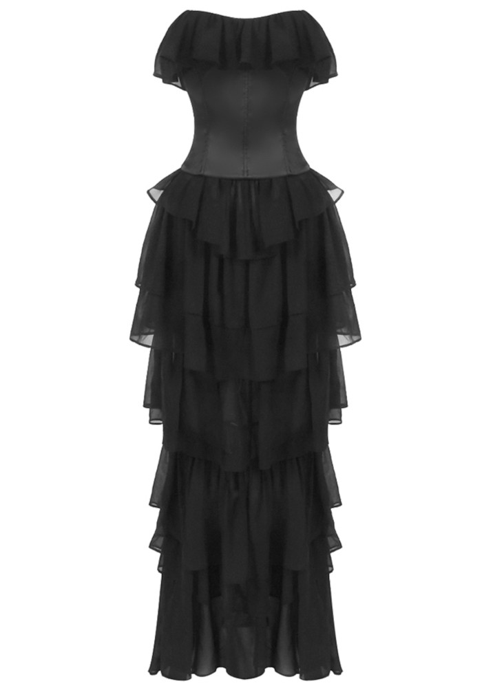 Strapless Corset Ruffle Maxi Dress Black