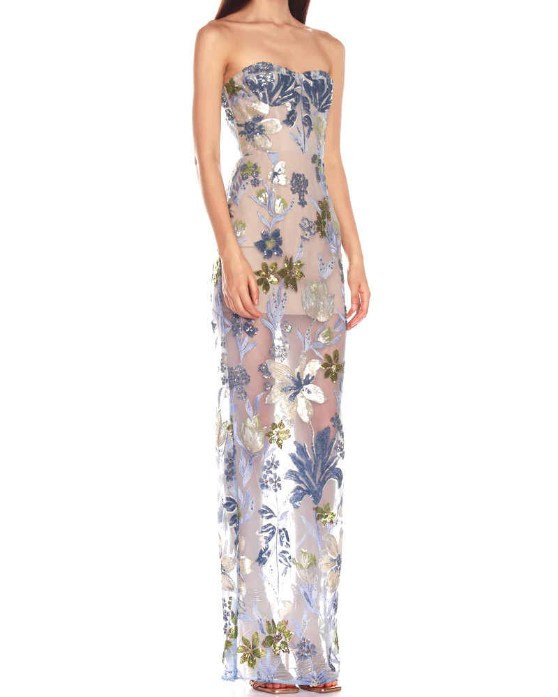 Strapless Sequin Embroidered Floral Maxi Dress Blue - Luxe Floral Dresses  and Luxe Party Dresses