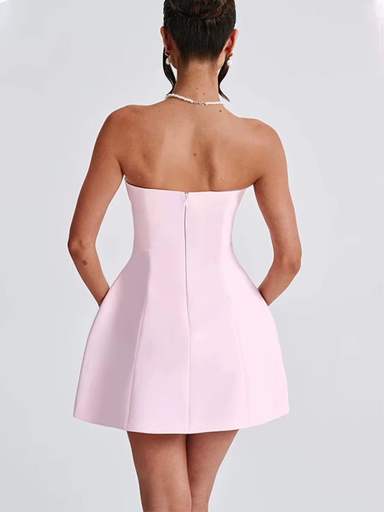 chinese dress ladies Light Pink Strapless Dress With Beaded Appliqué Tulle And Lace-Up Back main image 1