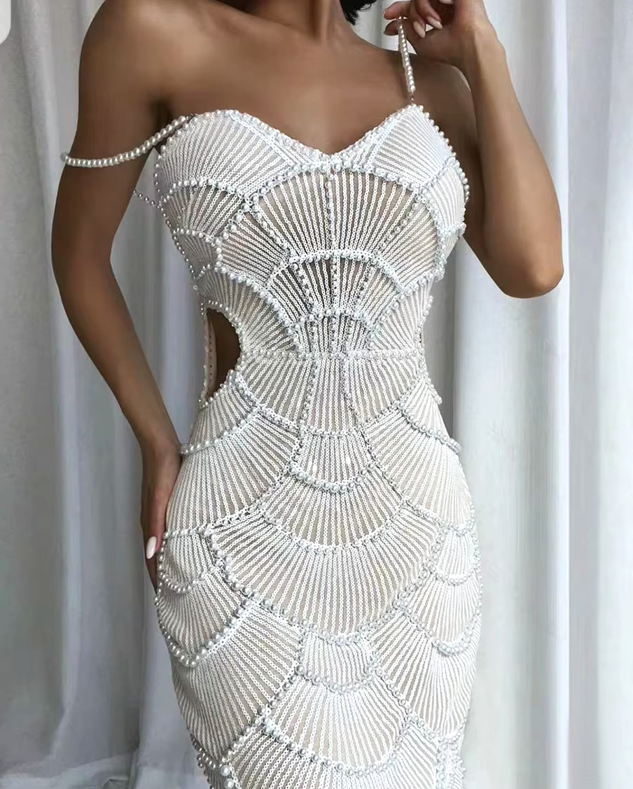 Pearl Sequin Midi Dress White