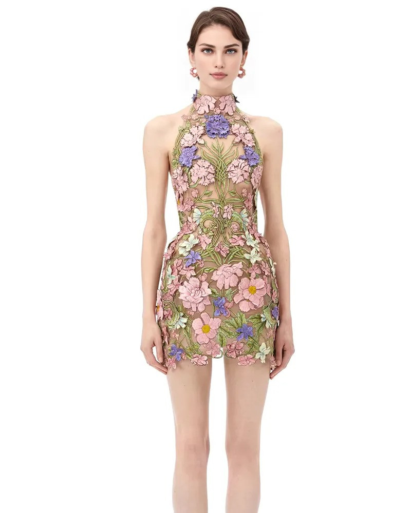 Halter Floral Embroidered Dress Green Pink - Luxe Floral Dresses and Luxe  Party Dresses