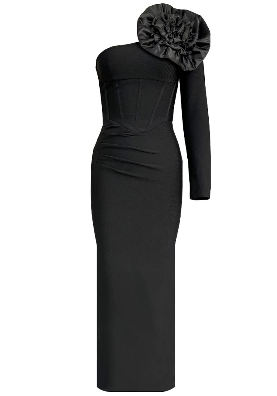 One Sleeve Floral Detail Maxi Dress Black - Luxe Maxi One Sleeve Floral Detail Maxi Dress Black - Luxe Maxi