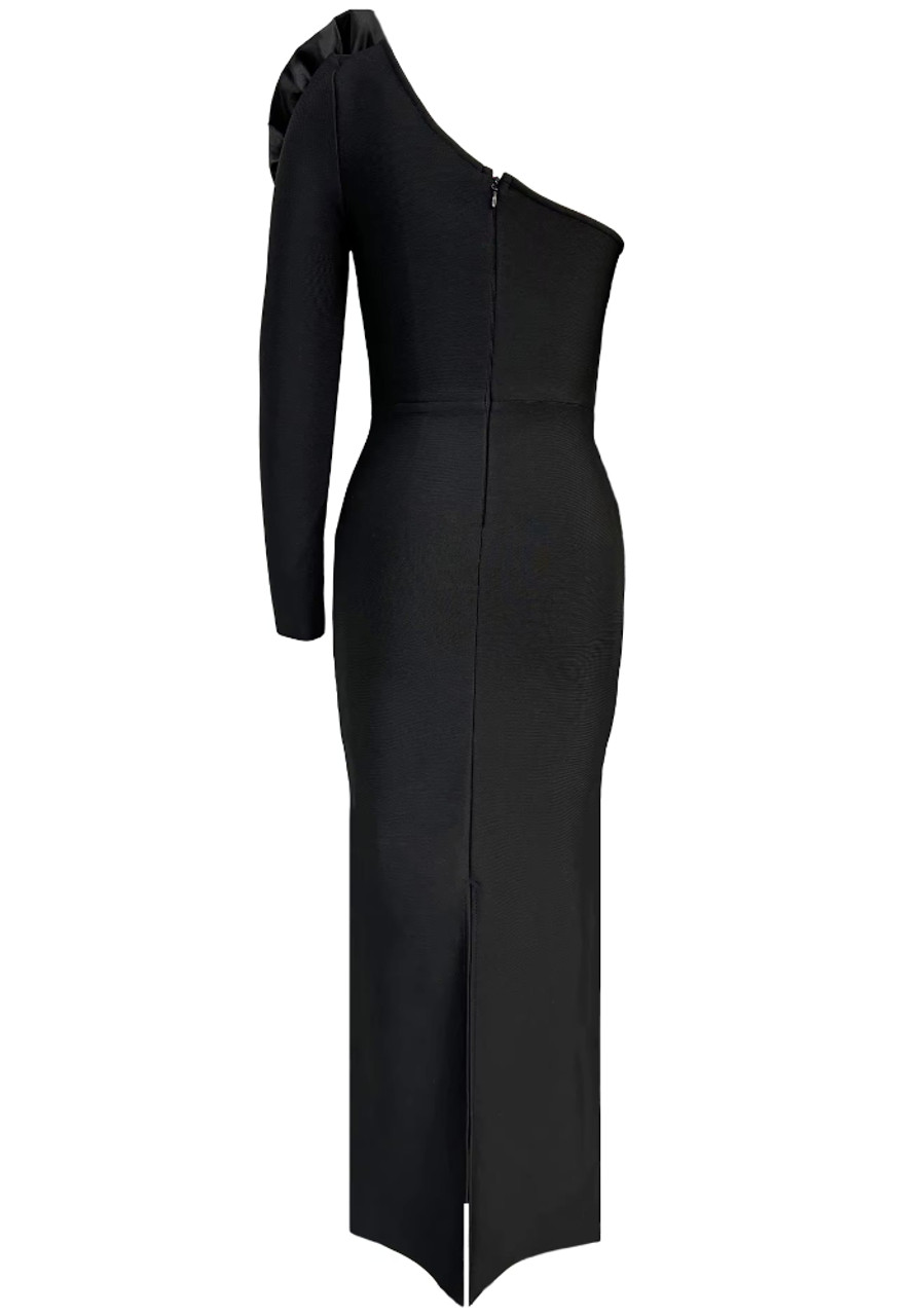 One Sleeve Floral Detail Maxi Dress Black - Luxe Maxi One Sleeve Floral Detail Maxi Dress Black - Luxe Maxi