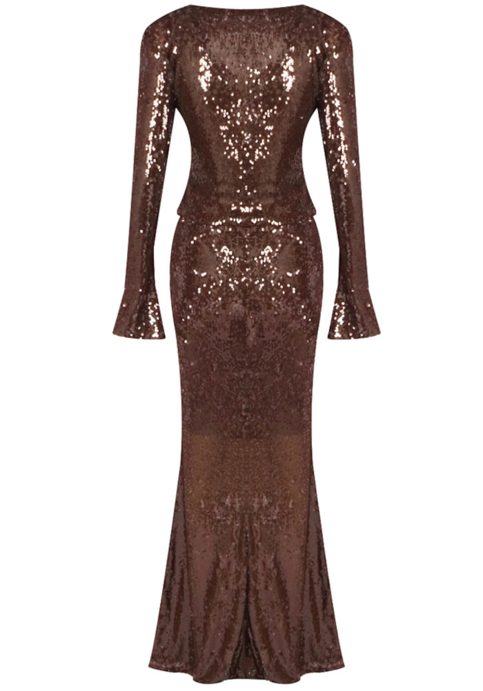 Long Sleeve Sequin Two Piece Maxi Dress Brown - Luxe Maxi Dresses and Luxe  Party Dresses