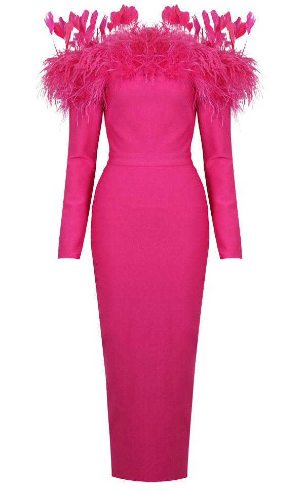 hot pink off the shoulder dress long sleeve Feather Bardot Midi magenta hot pink color dress