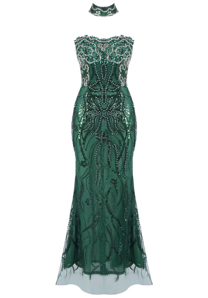 emerald green dress with rhinestones Long Rhinestone Fishnet Prom Dress with Sheer Corset Black / 2 main image 1
