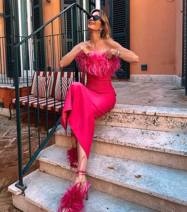 open lace back dress Perrin Fuchsia Pink Feather High Slit Dress Gown main image 1