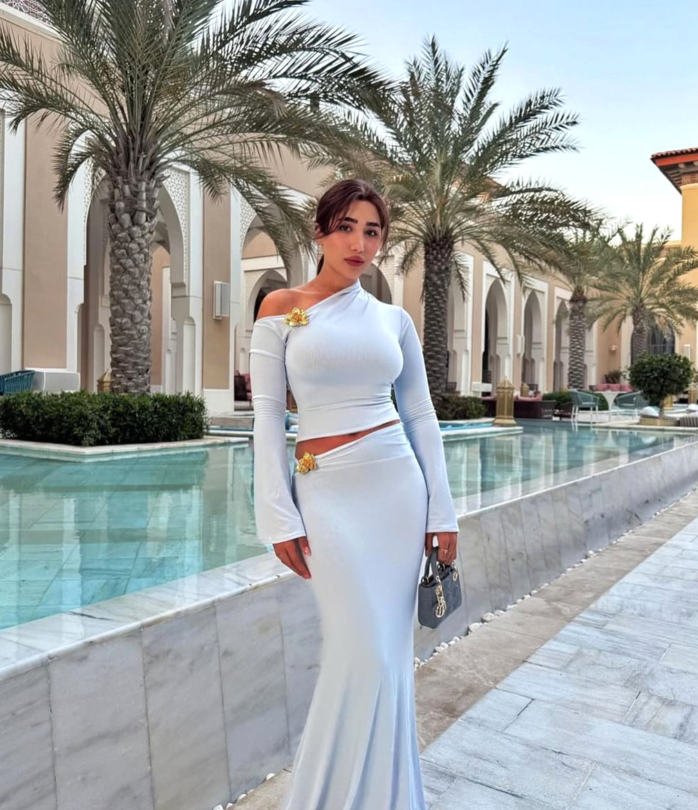 Long Sleeve Bardot Two Piece Maxi Dress Blue - Luxe Two Piece Dresses and  Luxe Party Dresses