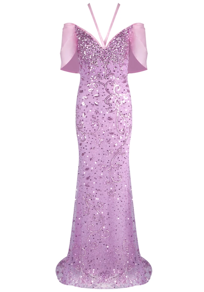 Halter Bardot Crystal Sequin Maxi Dress Pink - Luxe Maxi Dresses and Luxe Party  Dresses