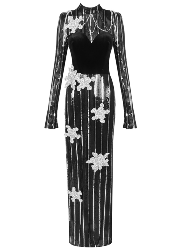 Long Sleeve Floral Sequin Velvet Maxi Dress Black Long Sleeve Floral Sequin Velvet Maxi Dress Black