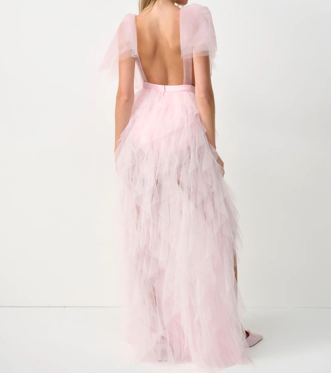 Lace insert Mesh Ruffle Maxi Dress Pink