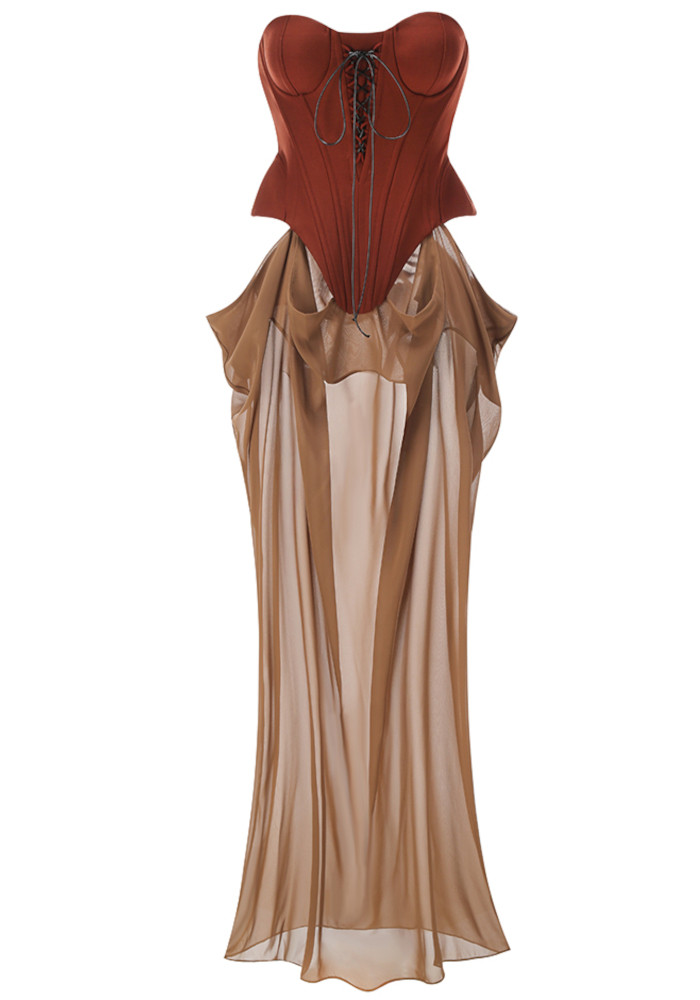 Strapless Corset Draped Maxi Dress Brown