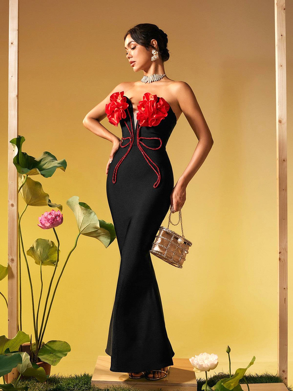 open lace back dress Black Red Tea Length Prom Dresses, Tea Length Red Black Formal Graduation  Dresses