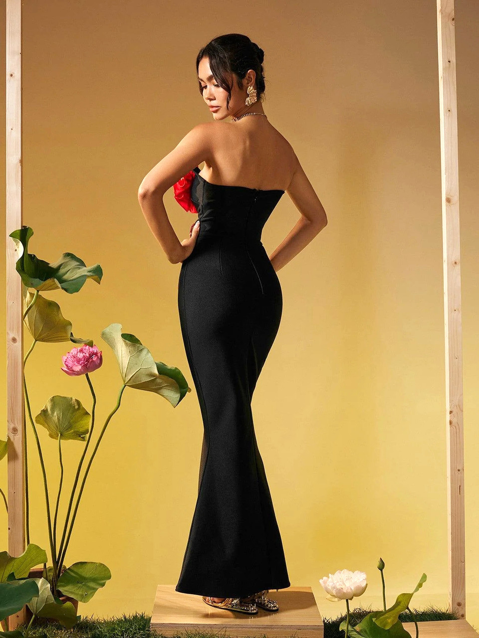 Strapless Floral Bustier Maxi Dress Black Red - Luxe Maxi Dresses and Luxe  Party Dresses