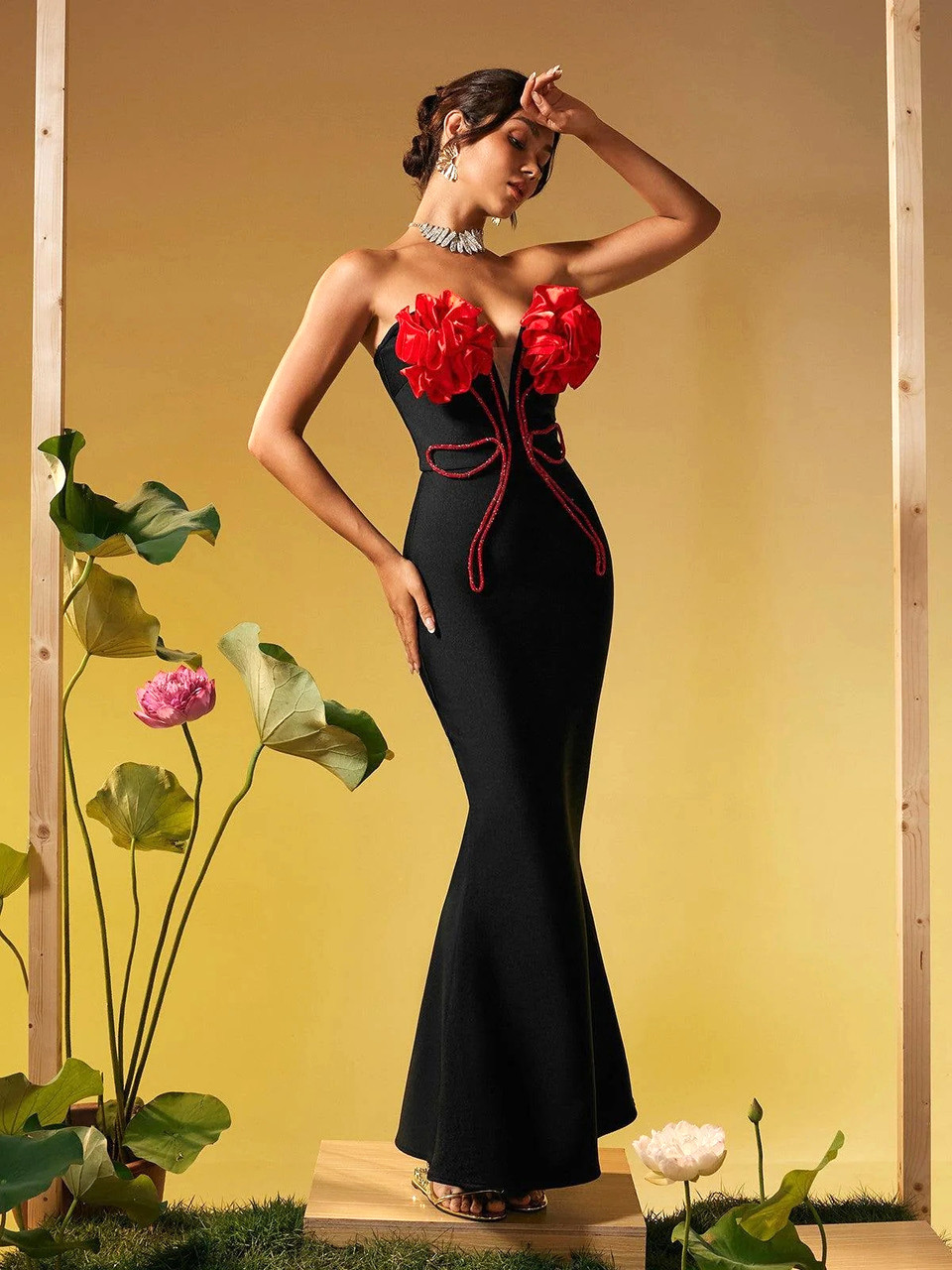 Strapless Floral Bustier Maxi Dress Black Red Luxe Maxi Dresses