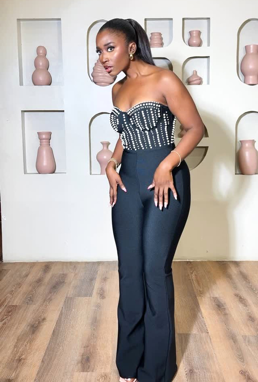 Strapless Pearl Bustier Jumpsuit Black - Luxe Jumpsuits and