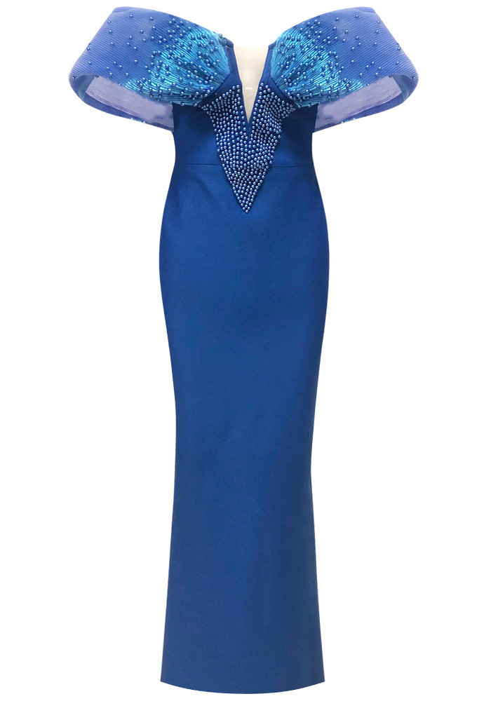 bardot maxi dress blue MissJophiel V Neck Beaded Butterfly Sky Blue Long Dress main image 1