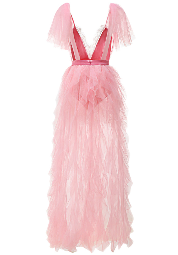 open lace back dress Bohemian Summer Pink Mesh Long Dress Runway Elegant Women Square Collar  Flower Print Ruffles Holiday Beach Dress Pink XS at Amazon Women's Clothing  store