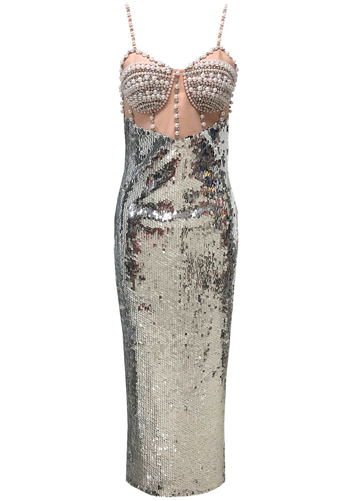 Pearl Bustier Sequin Midi Dress Silver Luxe Sequin Dresses and