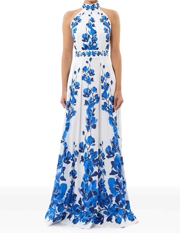 Halter Floral Maxi Dress White Blue