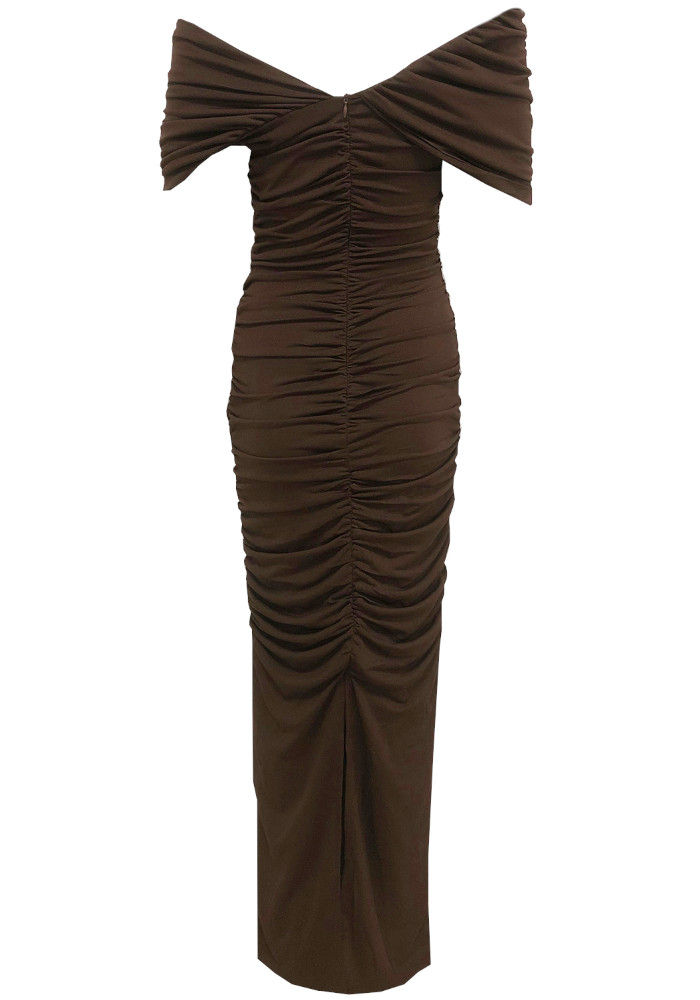 Draped Bardot Maxi Dress Brown Draped Bardot Maxi Dress Brown