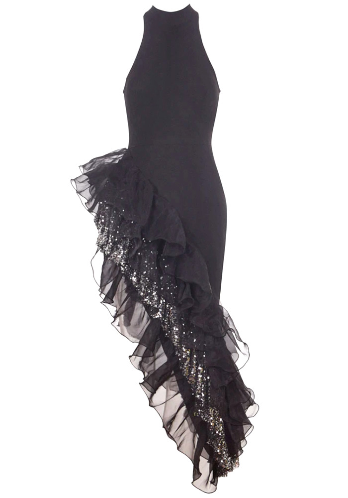 black sequin ruffle dress Black Sequin Ruffle Midi Dress with Belt