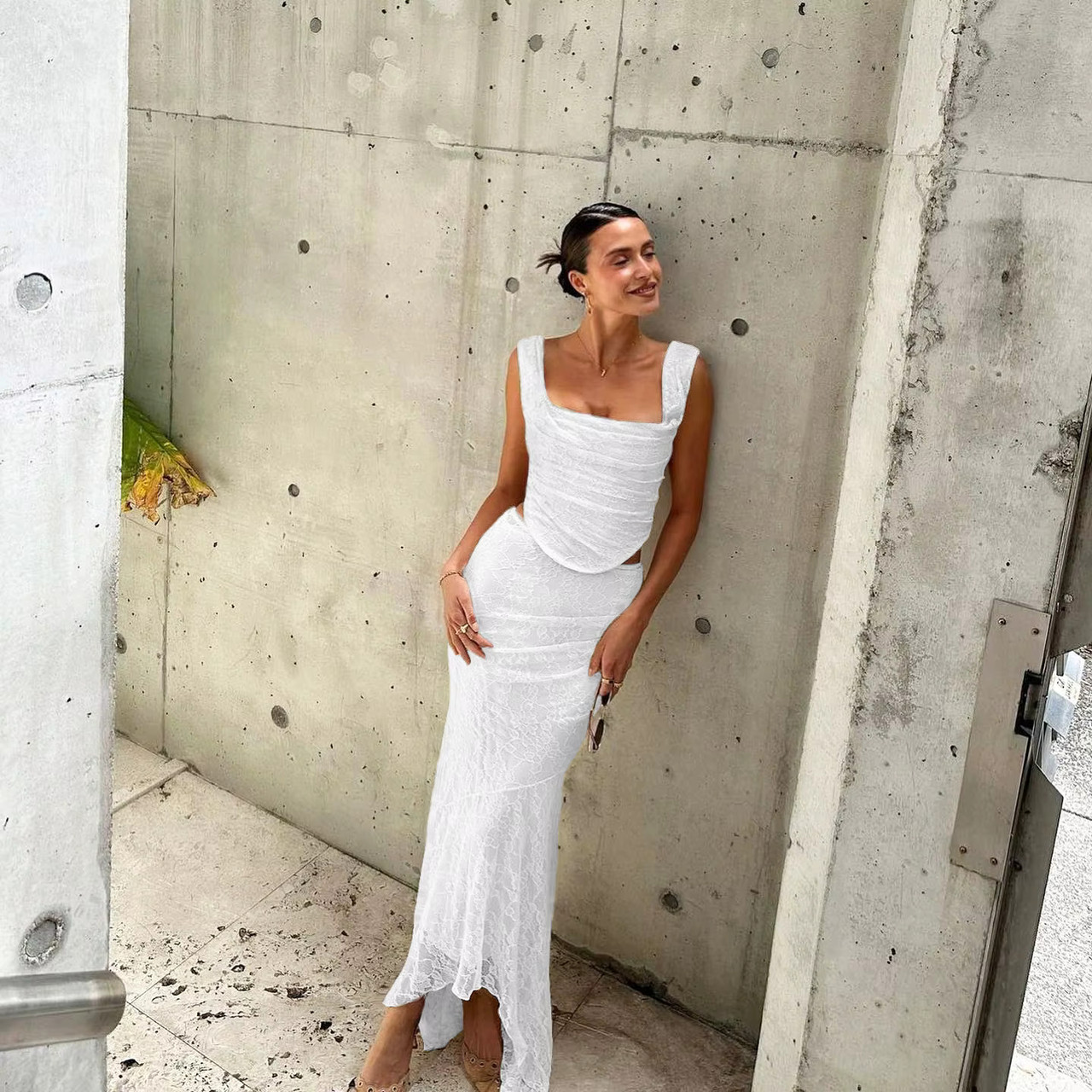 Ruched Lace Corset Two Piece Maxi Dress White Ruched Lace Corset Two Piece Maxi Dress White