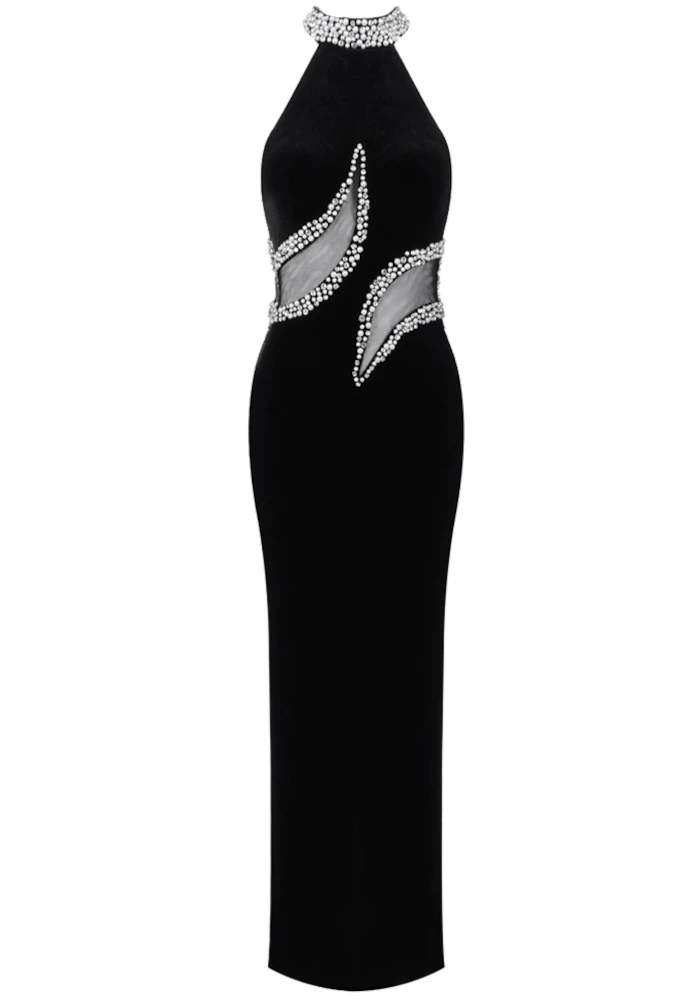 Halter Crystal Maxi Velvet Dress Black - Luxe Maxi Dresses and Luxe Party  Dresses