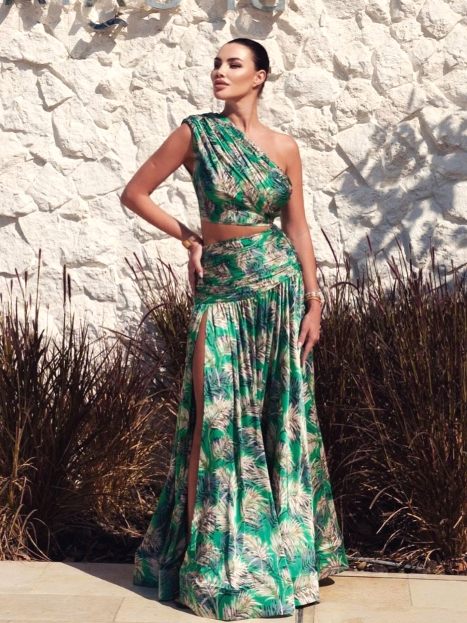 One Shoulder Floral Two Piece Maxi Dress Green - Luxe Maxi