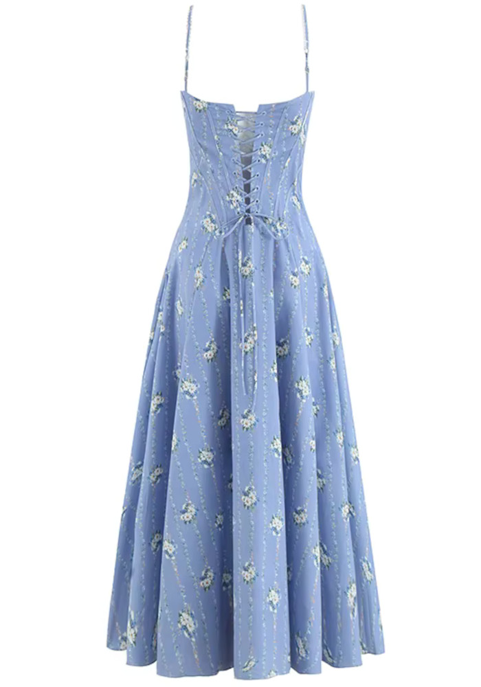blue bustier embroidered floral a-line dress Bustier Corset A Line Midi Dress Floral Blue