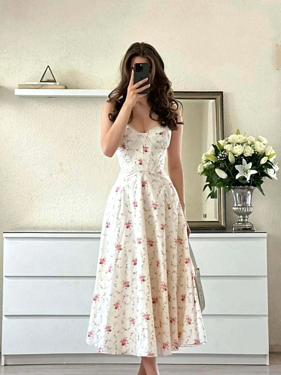 Bustier Corset A Line Midi Dress Floral White Pink - Luxe Floral Dresses  and Luxe Party Dresses
