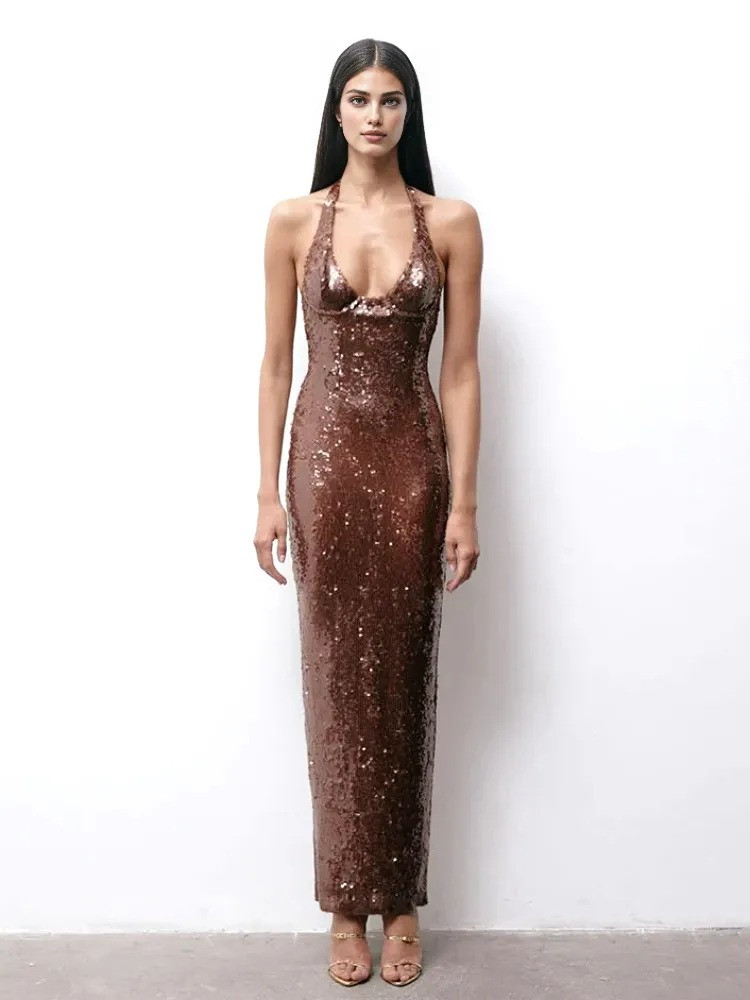 slim fit dress slacks Cordelia Sequin Maxi Dress in Brown