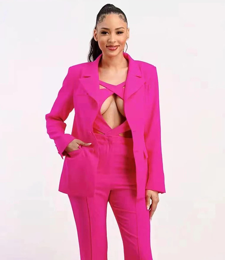 Red Pink Suit Blazer Long Sleeve Blazer Jumpsuit Suit Hot Pink