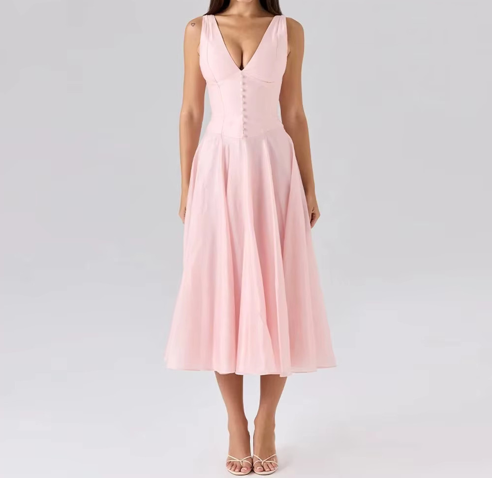 Button Detail A Line Midi Dress Pink - Luxe Midi Dresses and Luxe Party  Dresses