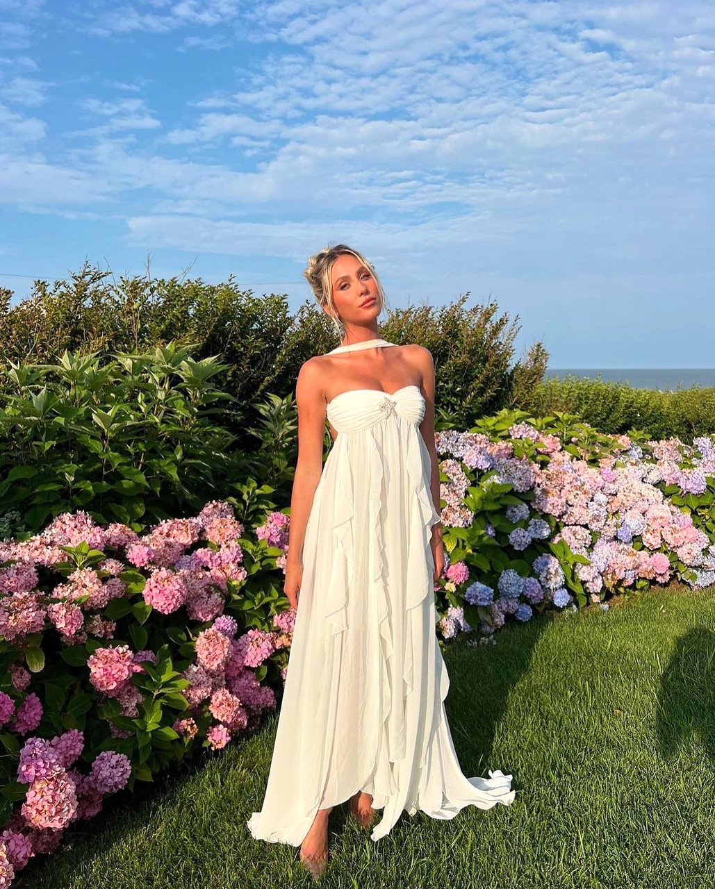 knee length dresses for ladies Chateau White Ruffle Maxi Dress - L Size - Women's Dresses