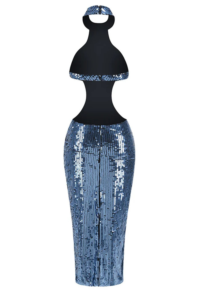 blue dress with sequin top Illusion Plunging Neck Royal Blue Stretchy Sequin Mermaid Prom Dress
