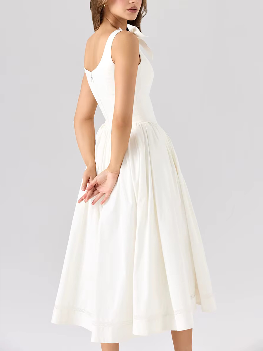 Button Detail A Line Midi Dress White - Luxe Skater Dresses and Luxe Party  Dresses