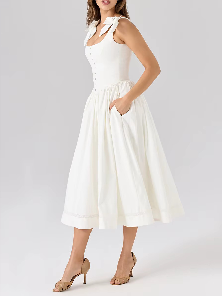 white button up midi dress Bow Detail Button A Line Midi Dress White