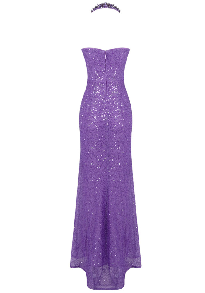 fitted lace wedding dress Mermaid Light Purple Sparkly Sequins Prom Dress with Slit