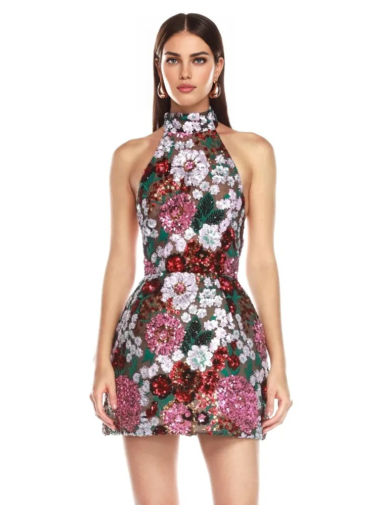 Halter Sequin Floral Dress Hot Pink Green Halter Sequin Floral Dress Hot Pink Green
