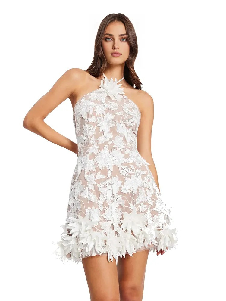 Halter Floral Embroidered Dress White - Luxe Floral Dresses and Luxe Party  Dresses